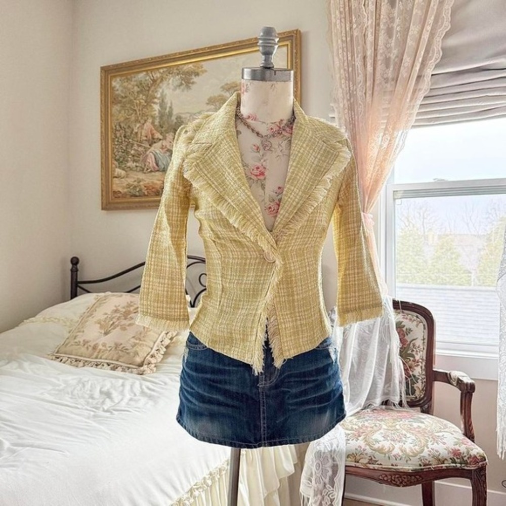 green‎ tweed blazer  y2k do & be green tweed button front blazer frayed